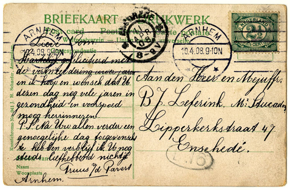 Birthday greetings from cousin Truus van de Pavert in Arnhem 1908